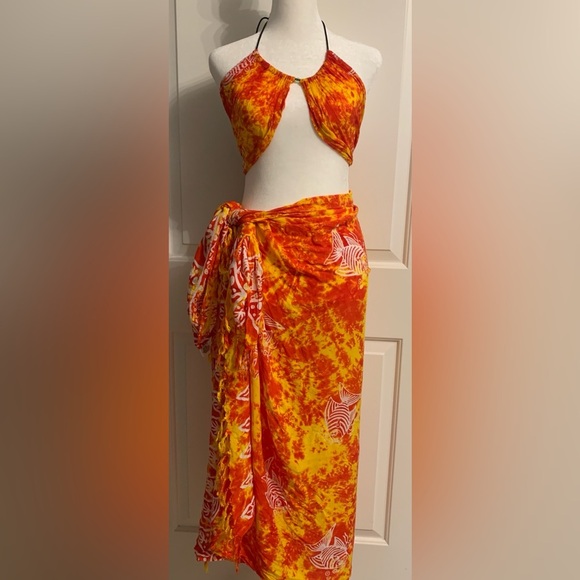 Bikini Top & Long Sarong Wrap Skirt, One Size, Orange, White & Yellow Color, EUC - Picture 4 of 10